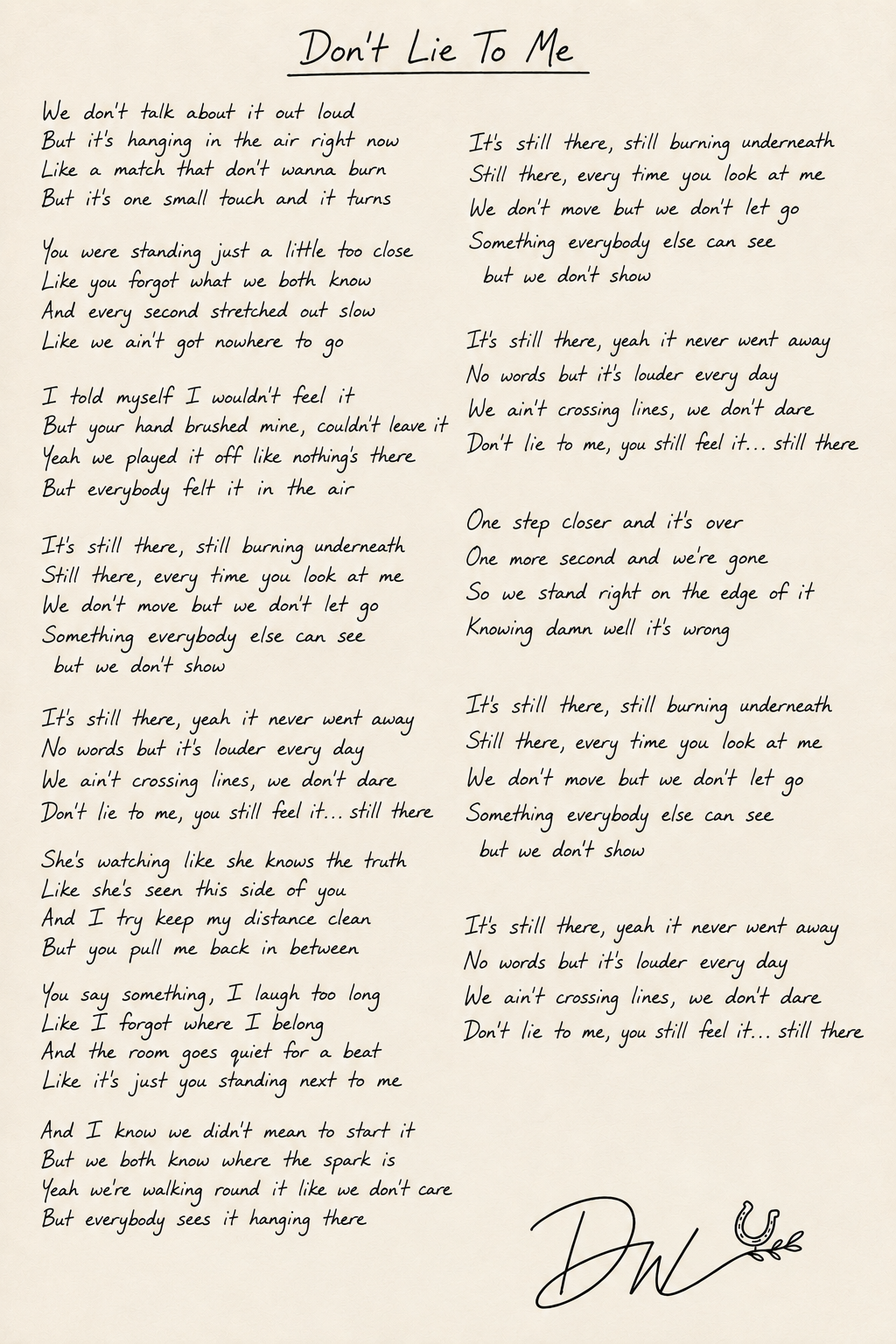 Handwritten lyrics for Don't Lie To Me
