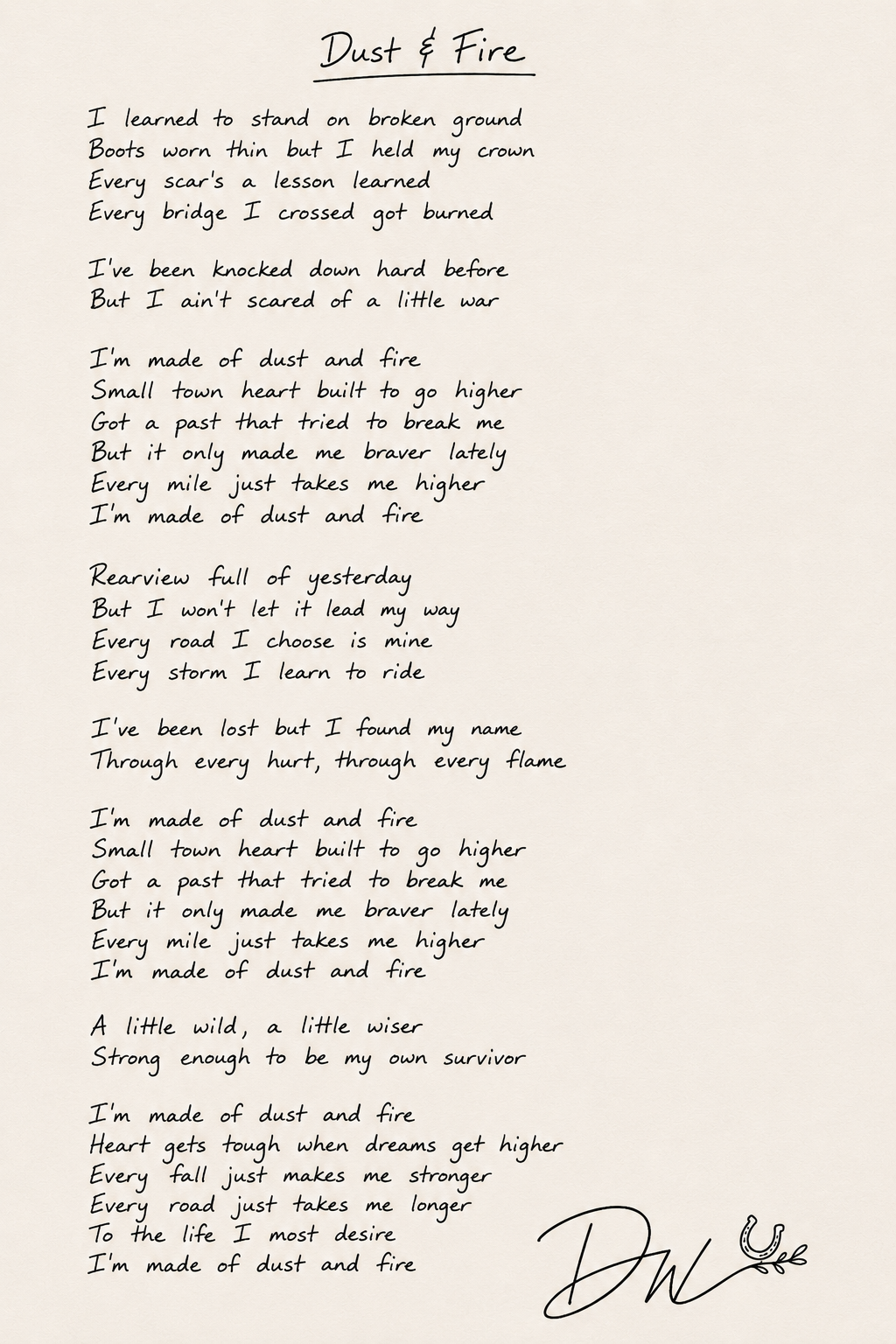 Handwritten lyrics for Dust and Fire
