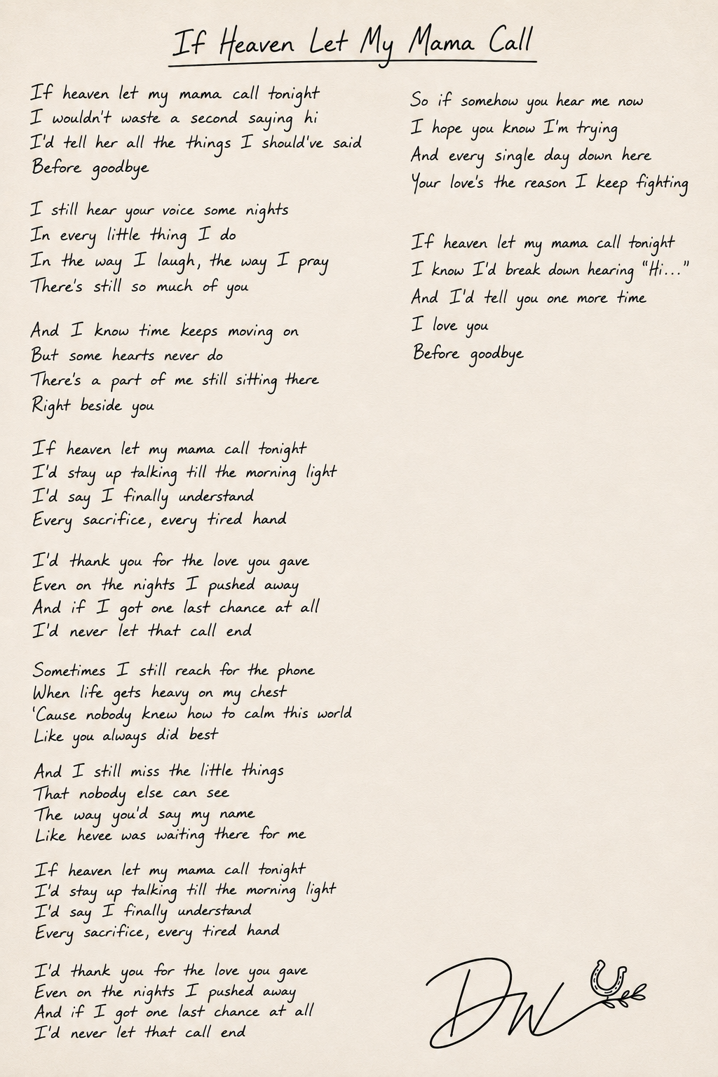 Handwritten lyrics for If Heaven Let My Mama Call