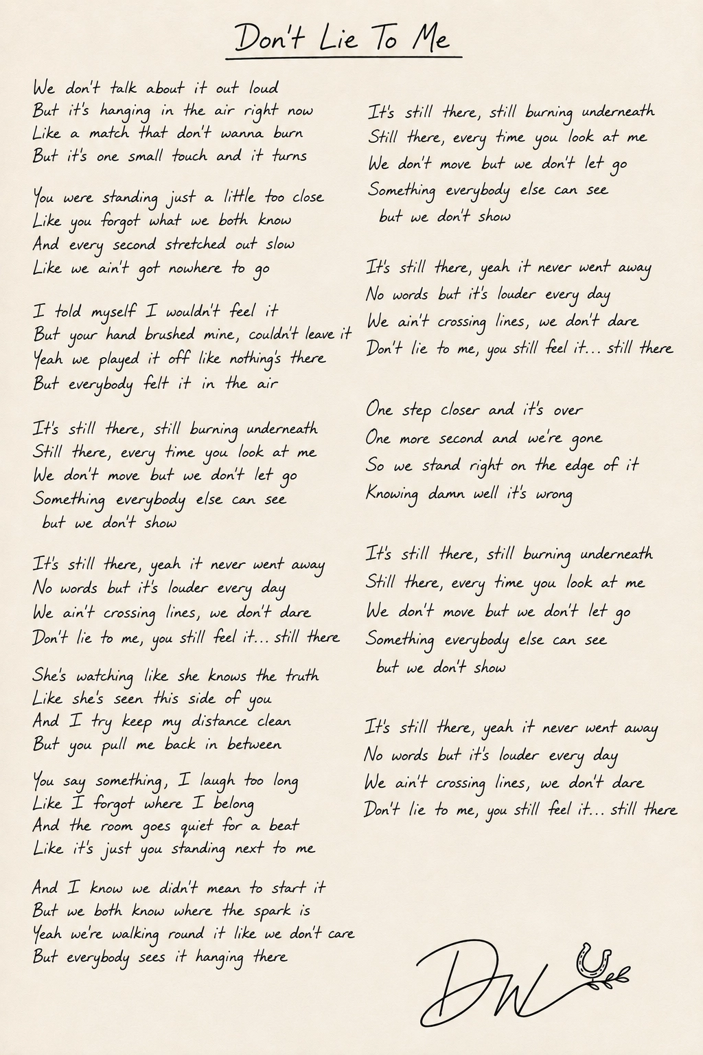 Handwritten lyrics for Don't Lie To Me