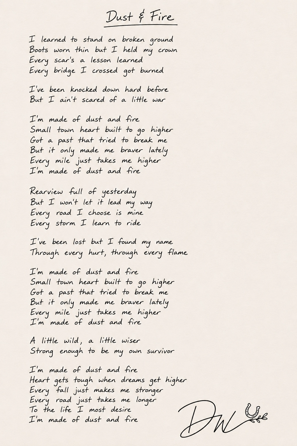 Handwritten lyrics for Dust and Fire