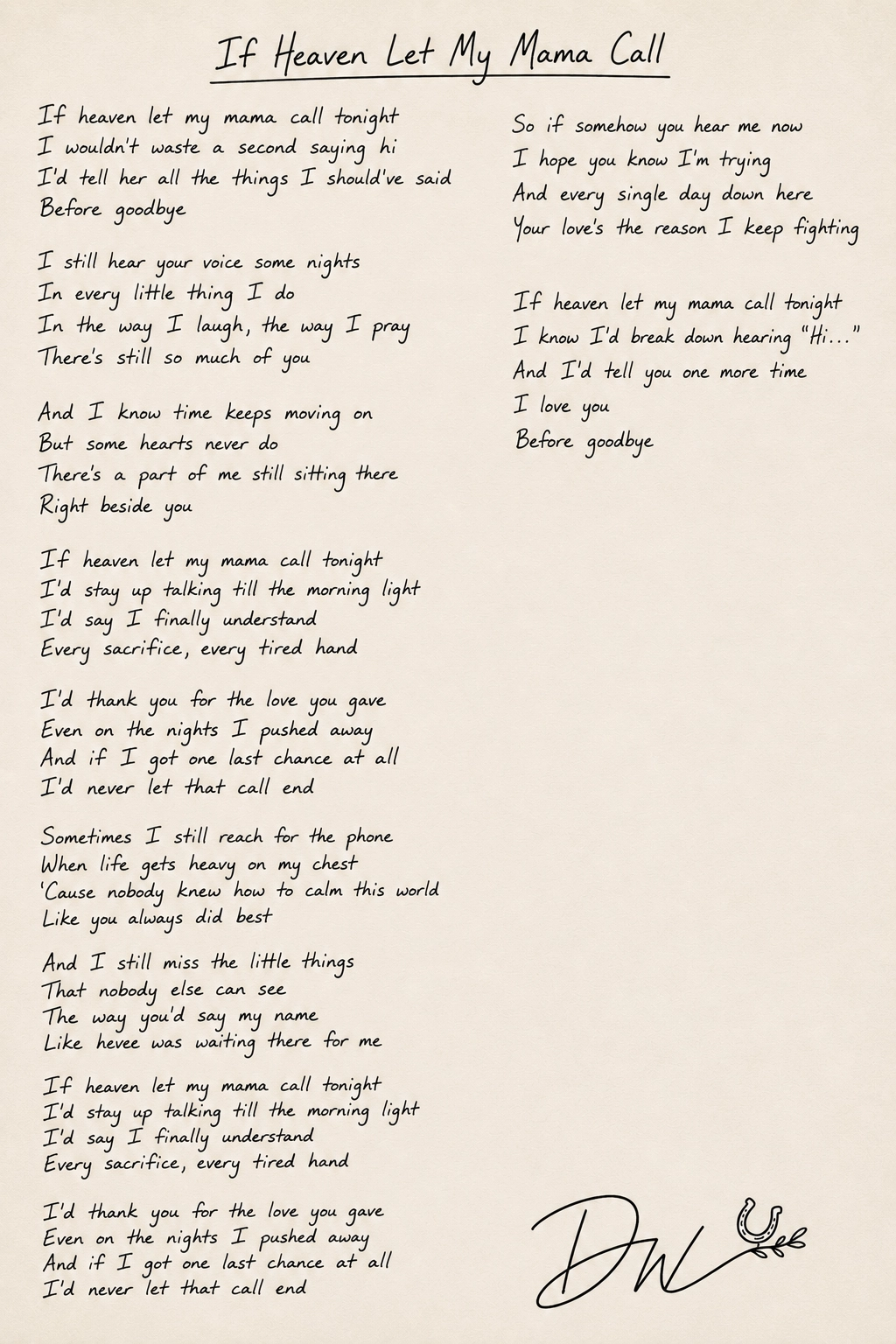 Handwritten lyrics for If Heaven Let My Mama Call