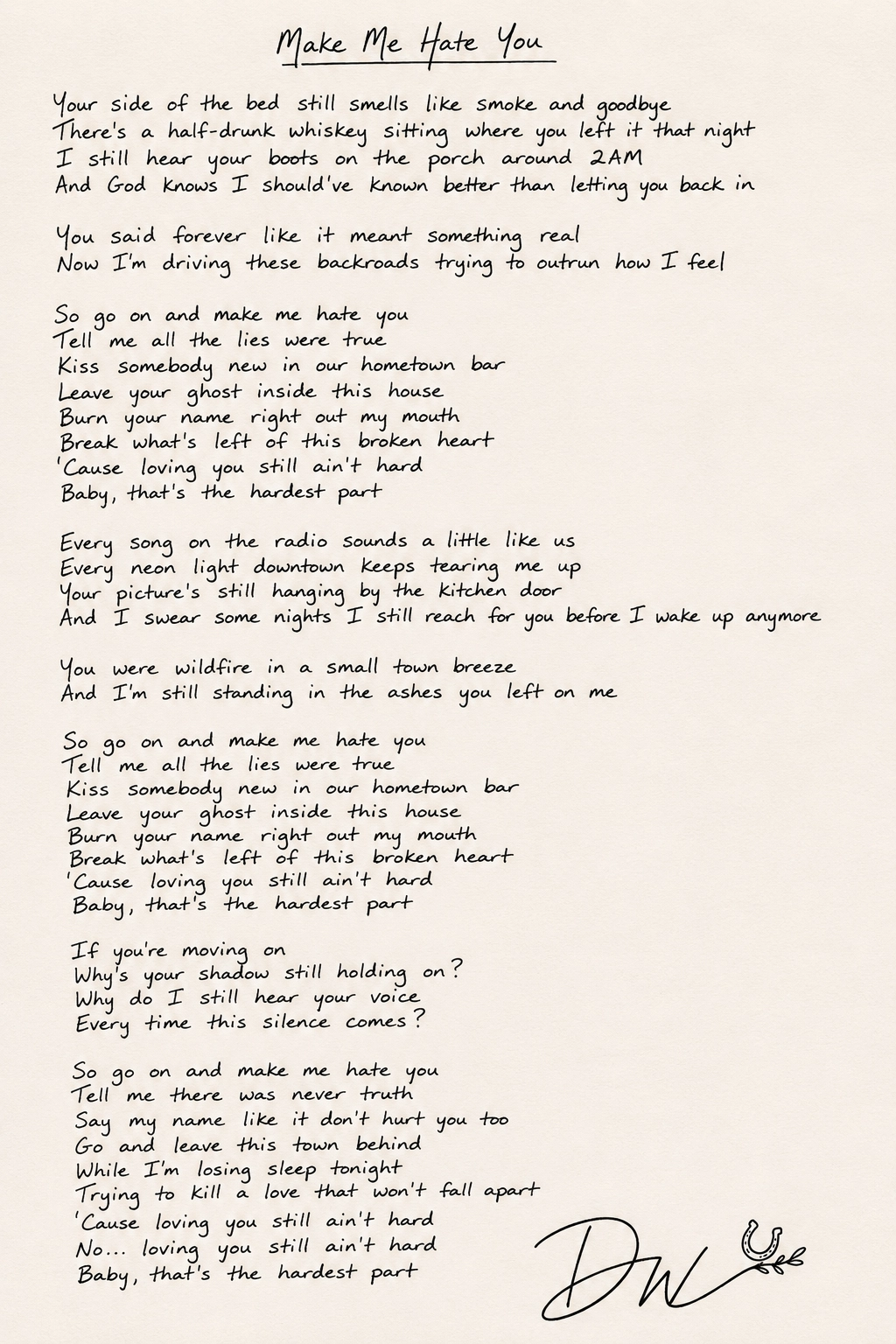 Handwritten lyrics for Make Me Hate You