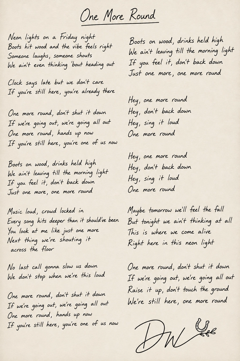 Handwritten lyrics for One More Round