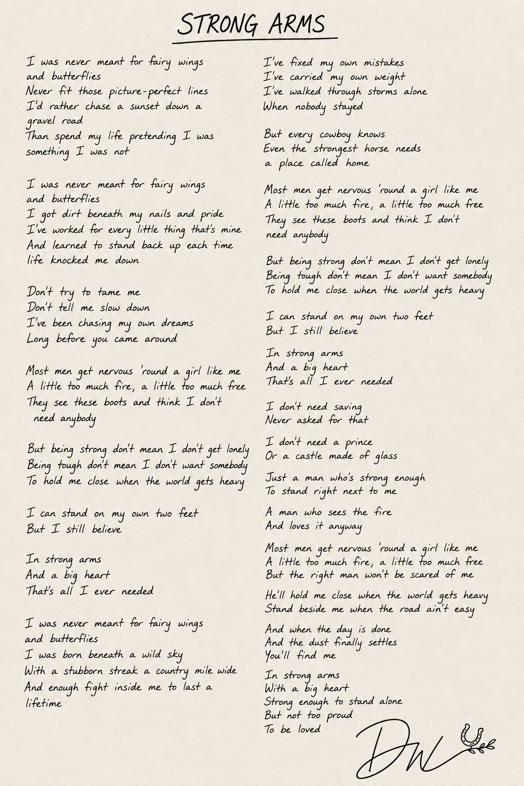 Handwritten lyrics for Strong Arms