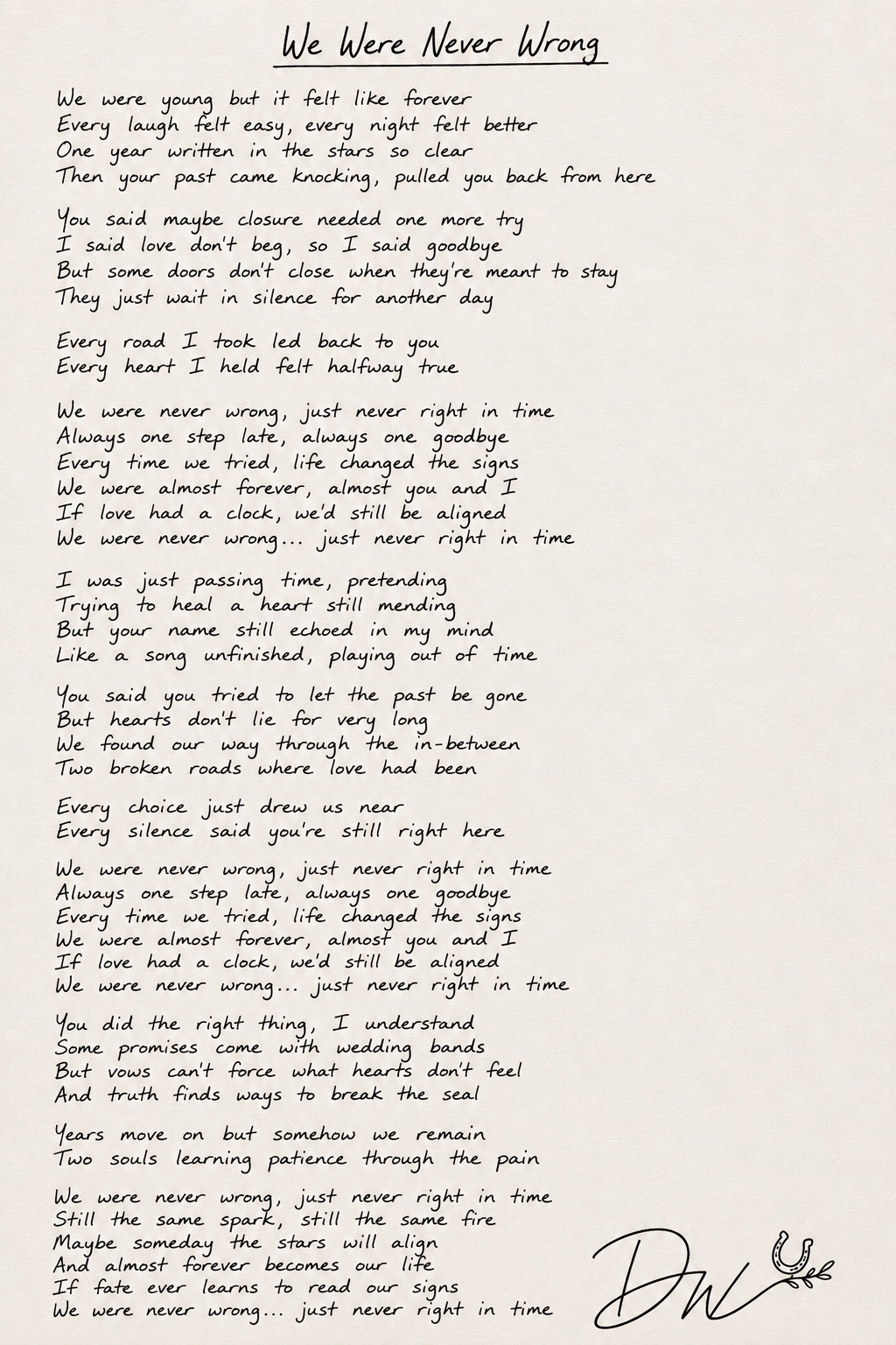 Handwritten lyrics for We Were Never Wrong