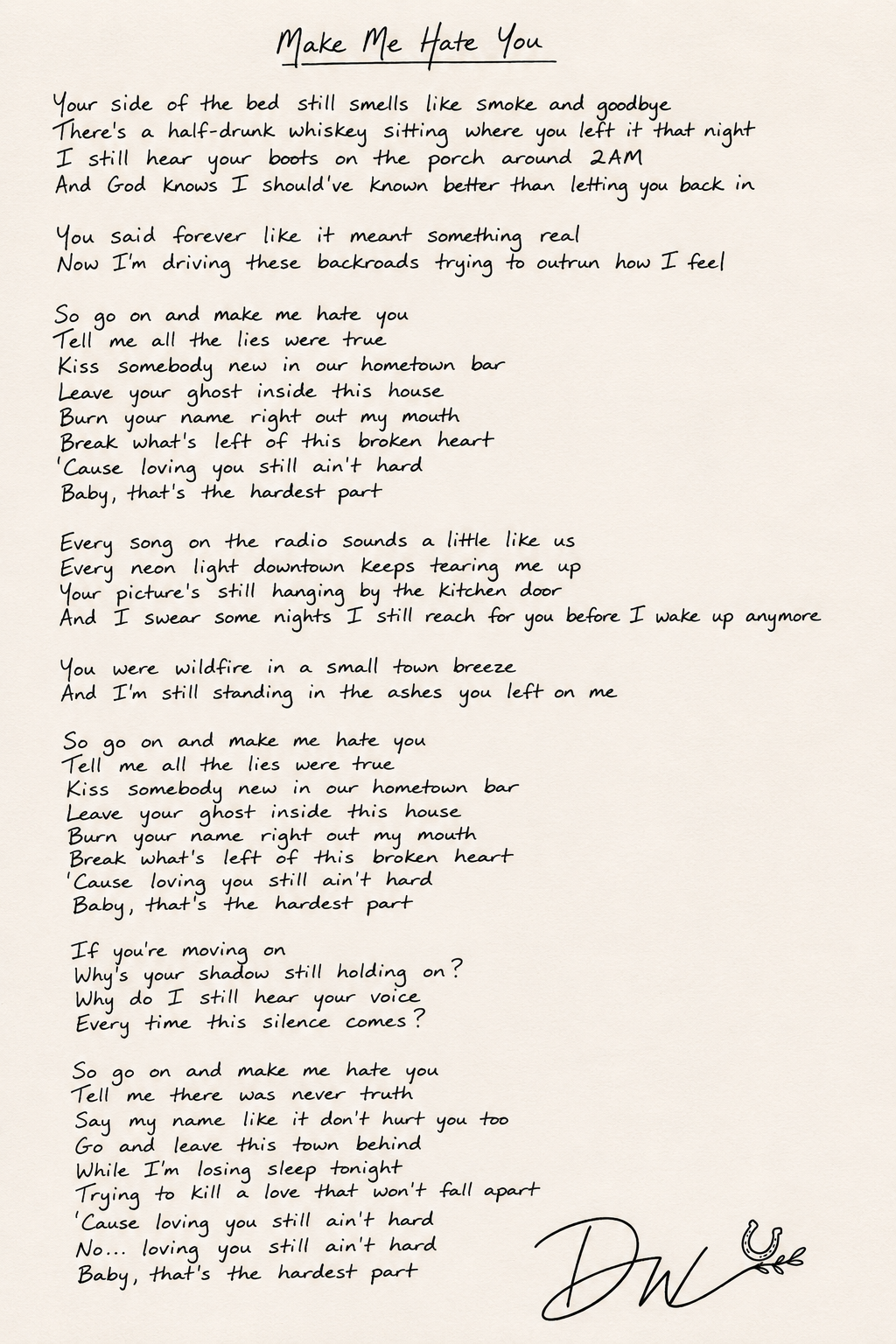 Handwritten lyrics for Make Me Hate You