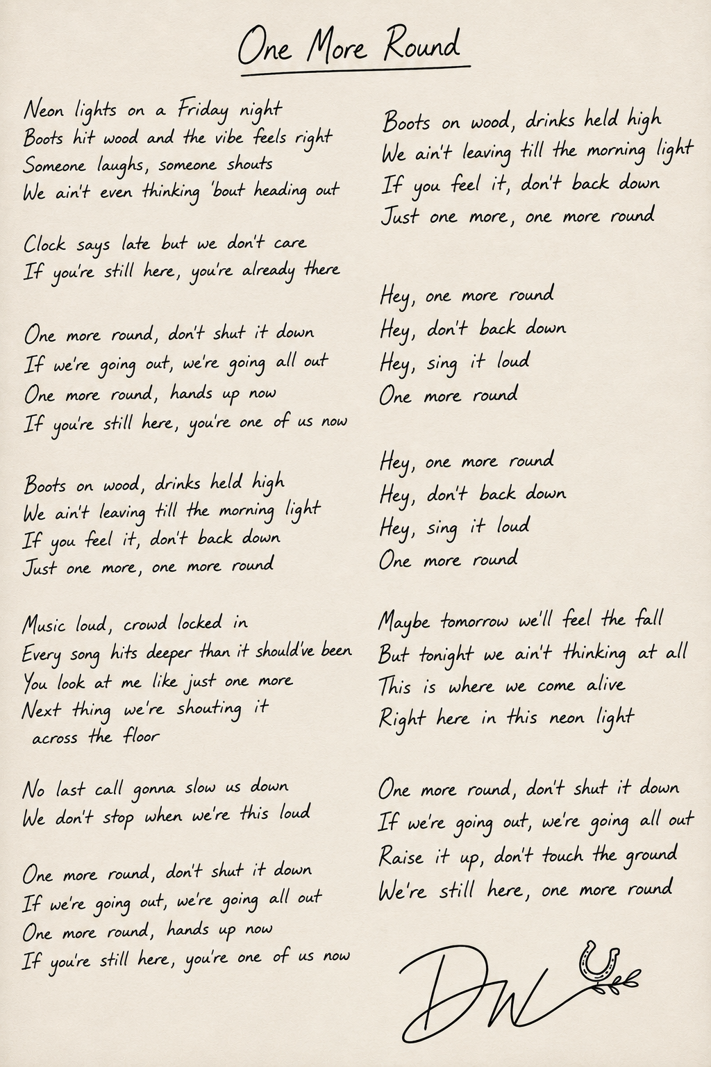 Handwritten lyrics for One More Round