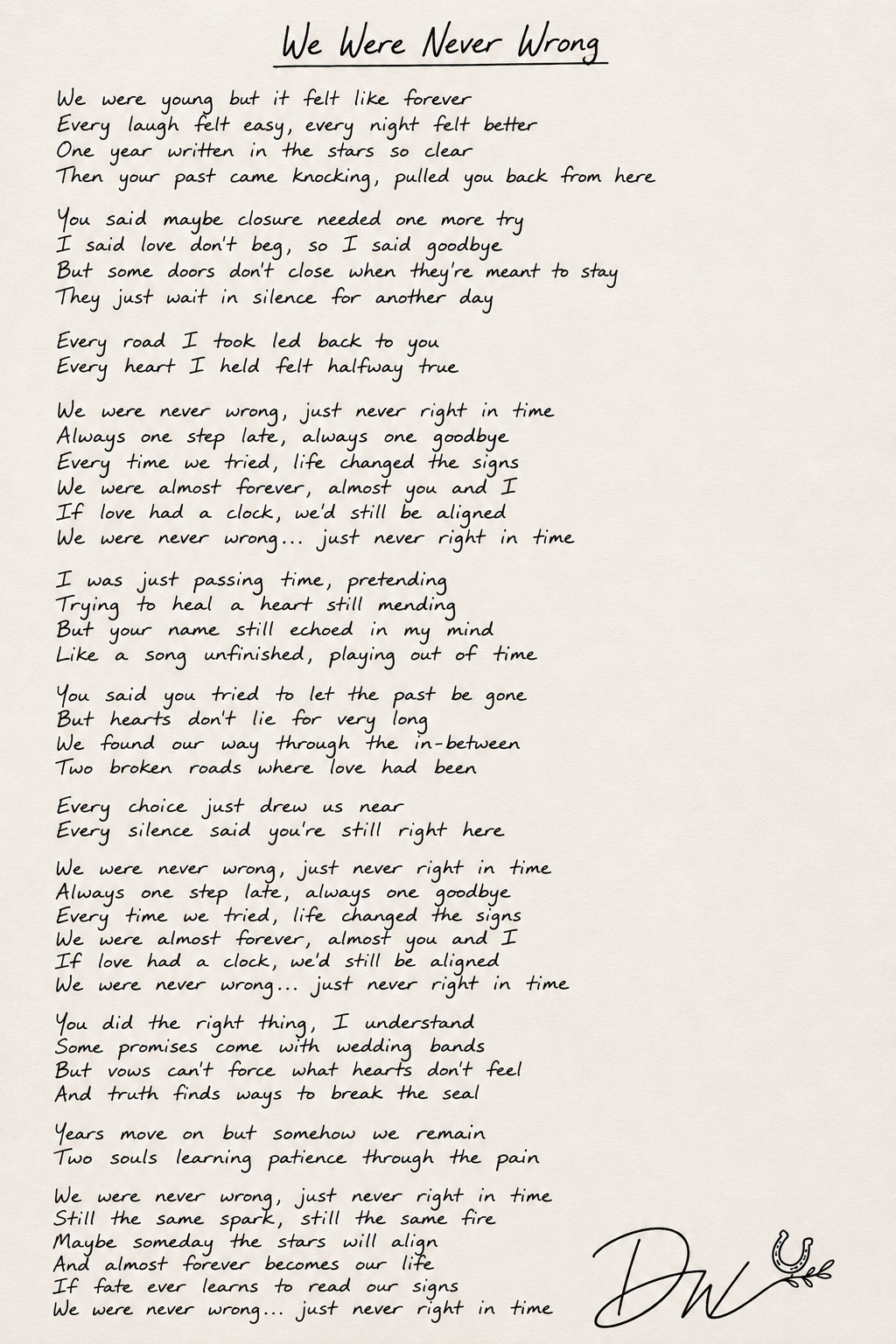 Handwritten lyrics for We Were Never Wrong